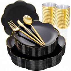Black and Gold Plates, Silverware and Cups