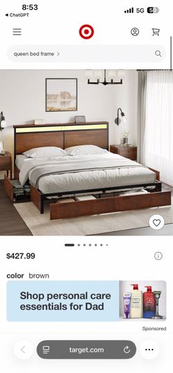 New King Size Bed Frame with LED Storage Headboard & 4 Drawers & Charging Station Brown