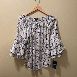 Women’s Large Chaps Navy Floral Round Neck Keyhole Button 3/4 Bell Sleeve Blouse