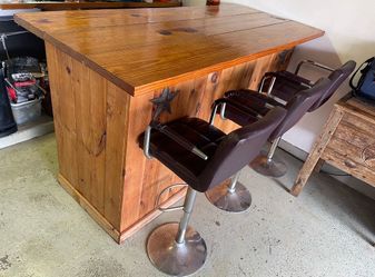 Complete 2-Piece Rustic Solid Wood Home Bar with 3 Stools & Glassware Set