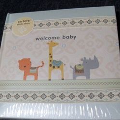 NEW Carter's WELCOME BABY Photo Album Tiger Giraffe Rhino Animals (Holds 60- 4x6 Photos)