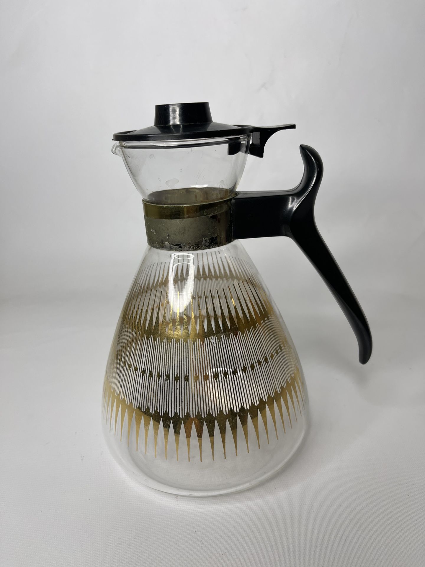 Vintage Mid-Century Pyrex Glass 8" Coffee Pot Pitcher Carafe Gold Stripes