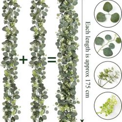 5 Pcs  Eucalyptus Leaves Greenery Garland Faux Plant Spring Vines with White Flowers Berries for Wedding Home Party Deco