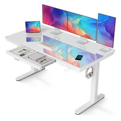 Glass Standing Desk with Drawers, 55 Inch Adjustable Stand Up Desk, Quick Install Home Office Computer Desk with USB Ports, White $130