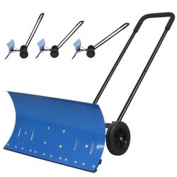 Snow Shovel Pusher, 29.13-inch Metal Snow Pusher with Wheels for Driveway, Adjustable Angle and Height Snow Pusher Shovel for Sidewalks, or Parking Lo