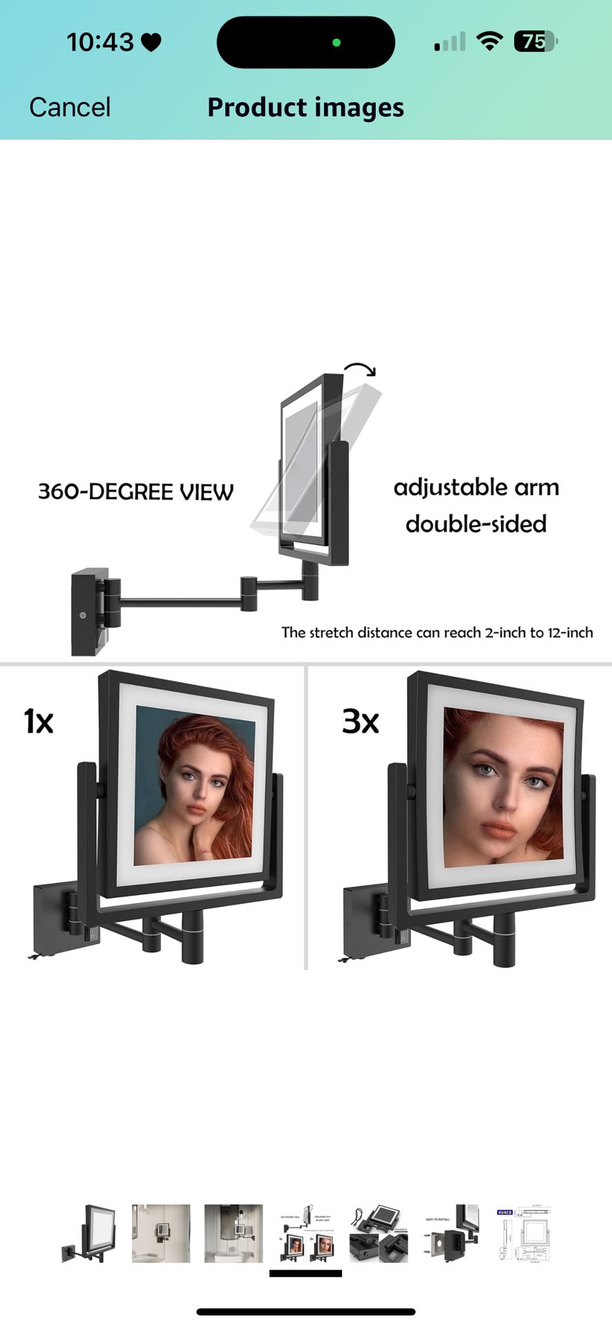 Ruacq Rechargeable Makeup Mirror Matte Black Double Sided Vanity Mirror with Lights Square 1x/3x Magnification 8 Inch Led Magnifying Mirror Stainless 