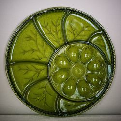 Green Vintage Indiana Glass  Deviled Egg and Hors D’oeuvres Platter  