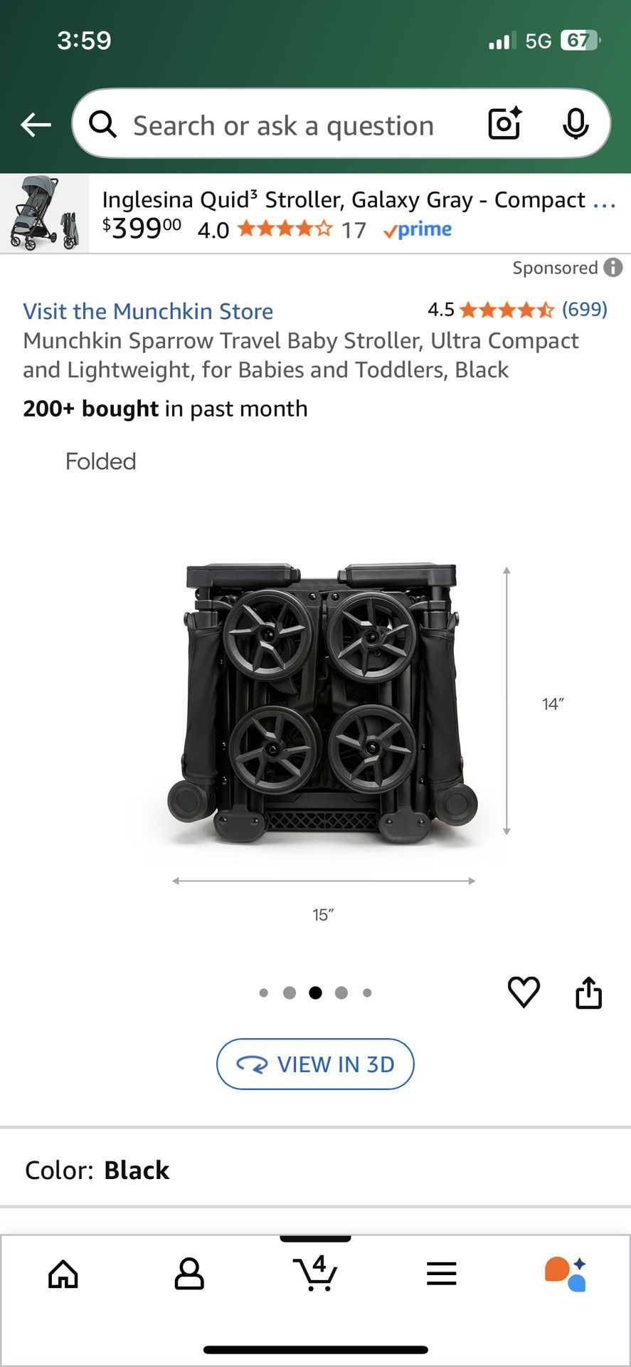 Munchkin Sparrow Travel Baby Stroller, Ultra Compact and Lightweight, for Babies and Toddlers, Black