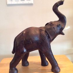 Vintage Large Leather Elephant 15” Tall (Statue Tusks, Glass Eyes)