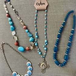 Set of 4 Blue Turquoise Teal  Toned Necklaces Jewelry