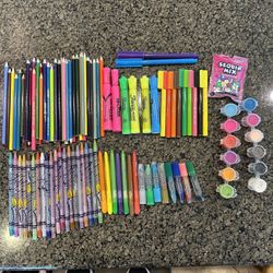 Bundle of Markers, Crayons, Colored Pencils, $5