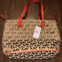 Brand New Michael Kors Jet Set MK Signature Tote – Orange Handles – $248 Retail
