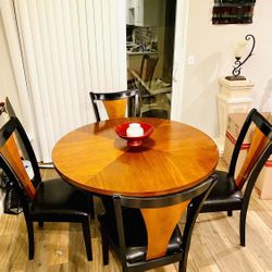 48” Dining Table-Solid Wood & Black Leather 5pc. 4 Seats- 48”- Great Condition