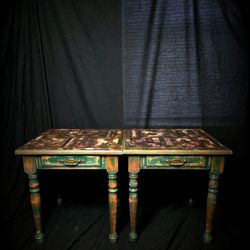 Green Gothic Side Tables With Faux Drawers