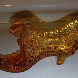 Vintage Fenton Amber Glass Hobnail  Cat's head Shoe 6x2 And 1/2 In