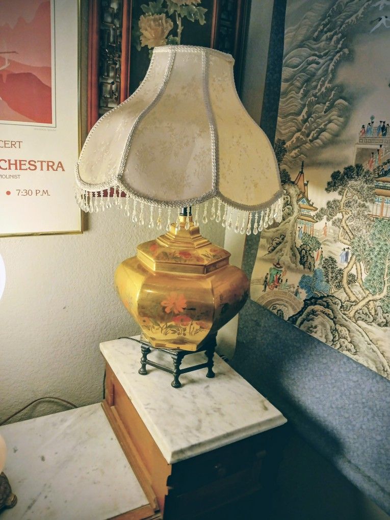 Antique Hand Etched Handpainted Brass Table Lamp On A Cast Iron Stand