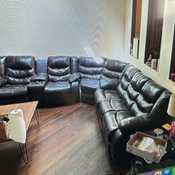 Leather Couch With 4 Mechanical Recliners