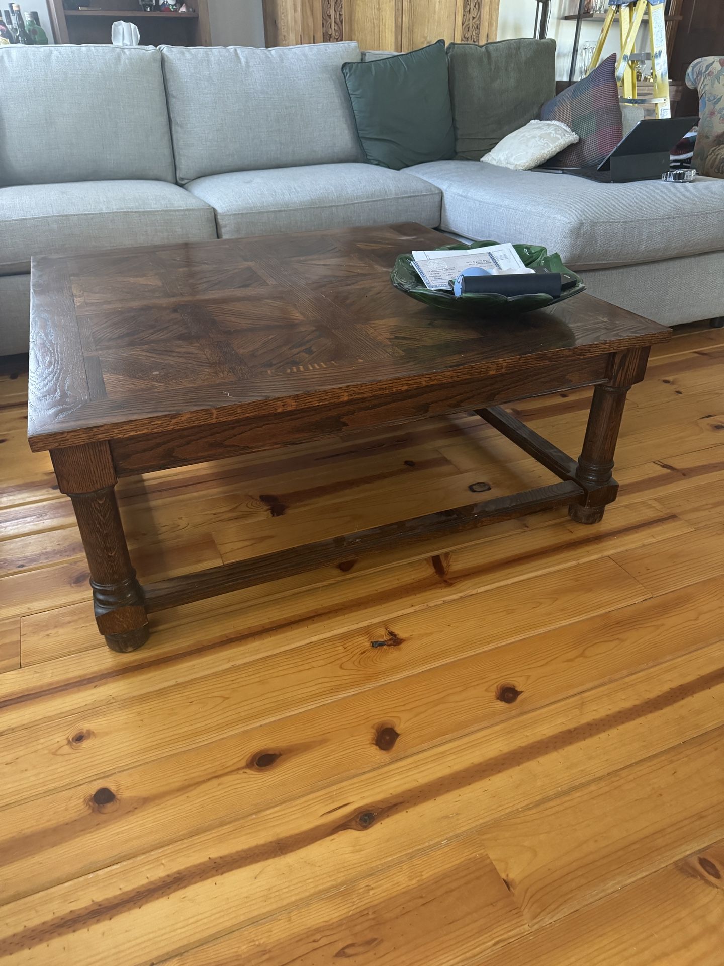 42” square French oak parquet coffee table
