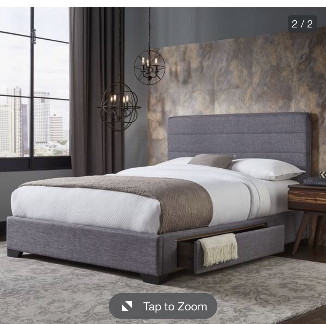Oliver Upholstered King size Bed-frame with 2 side storage drawers. Paid $941.49