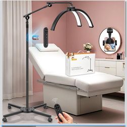 Half Moon Eyelash Esthetician Light - 2026 LED Lash Tech Lamp with 4-Wheel Rolling Base, 3 Color Modes, Dimmable Brightness