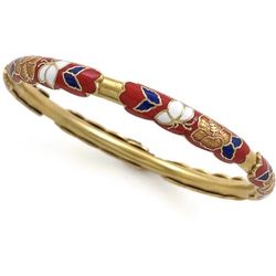 Vintage Gold Tone Champleve Enamel Bracelet Art Nouveau Style Floral Hibiscus Flower Butterfly Overlay Unique Bangle