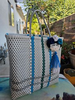 Handcrafted White and Blue Woven Tote Bag