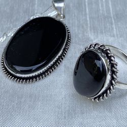 Black Onyx,  Sterling Silver Ring  16”-30” Long Chain With Pendant 