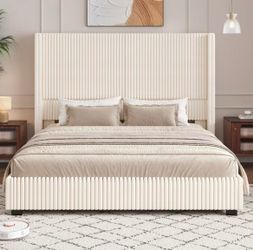 NEW Cream Upholstered Platform Bed Frame