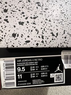 AIR JORDAN 4 RETRO BLACK/FIRE RED-CEMENT GREY NOIR/GRIS CIMENT/ROUGE FEU 9.5