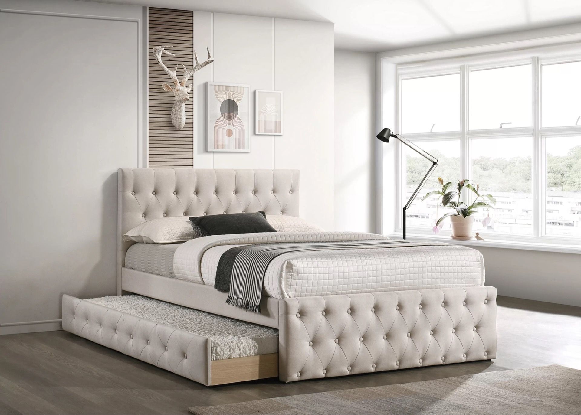 Full/Twin light brown Frenchi Tufted Trundle Beds W. Ortho Mattresses Included