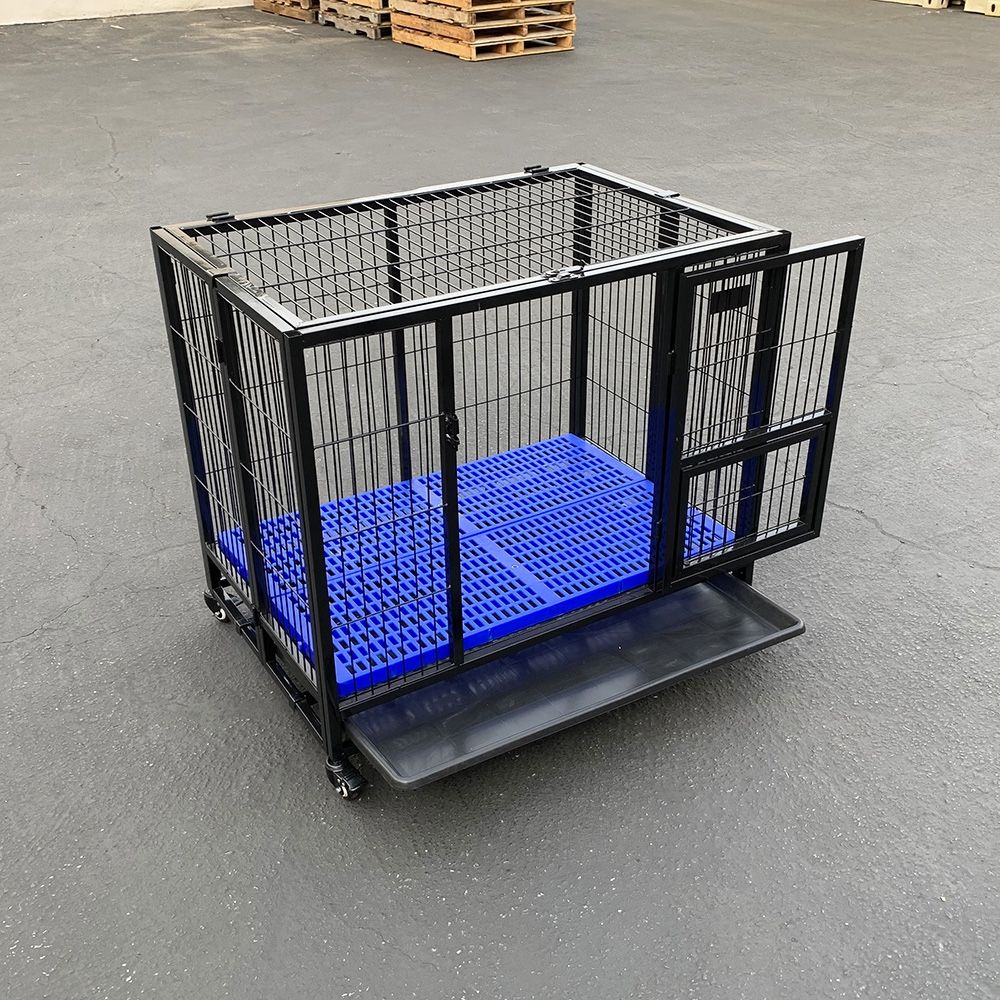New $150 Folding Dog Cage 37x25x33” Heavy Duty Single-Door Kennel w/ Plastic Tray