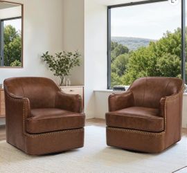 2X Dark Brown swivel genuine leather accent chairs