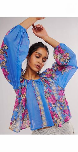 Free People Elena Floral Printed Blue Peasant Blouse Small