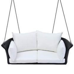 51.9 in. 2-Person Wicker Patio Swing, Rattan Woven Swing Chair, Porch Swing With Ropes, Black Wicker And Cushion