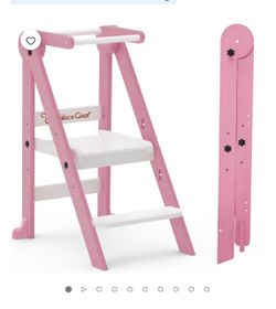 Foldable Toddler Tower, Kitchen Kids Step Stool Helper, Standing Tower with 3 Adjustable Heights, Pink