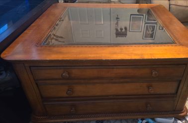 Wood Coffee Table with Glass Top and Drawers