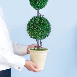 D7x22"H Two-Tiered Faux Boxwood Sphere Topiary in Cream Pot