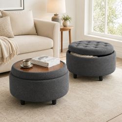 Brand New 3-in-1 Round Storage Ottoman with Reversible Coffee Table Top – Dark Gray