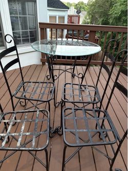 Wrought Iron Bistro Set – Glass Top Table + 4 Chairs (Indoor/Outdoor)  Beautiful scrolled wrought iron pati