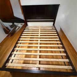 Queen size bed frame with headboard and two storage drawers set.
