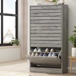 Gray Wood Flip-Door Shoe Storage Cabinet
