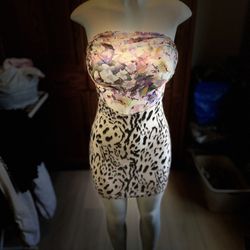 bebe Strapless Floral Bust & Animal-Print Bodycon Dress — Pink, Black, White