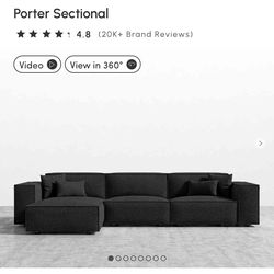The Porter Sectional is a simple structured sofa with boxy flare and a low-set profile. Square arm rests are made like a side table, while an elevated