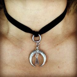 Black Velvet Choker featuring a double horn design, personalized with your initial and textured details.  