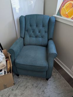 Tufted Wingback Armchair and Recliner — Teal Fabric, Dark Wood Legs, Great Condition