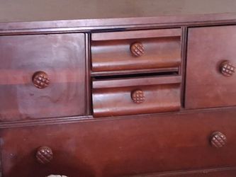 Solid wood antique bedroom set includes full size bed frame, vanity with mirror, and dresser