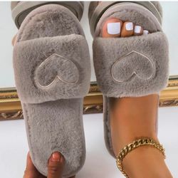 Women's Heart Embroidered Fuzzy Fluffy Slippers