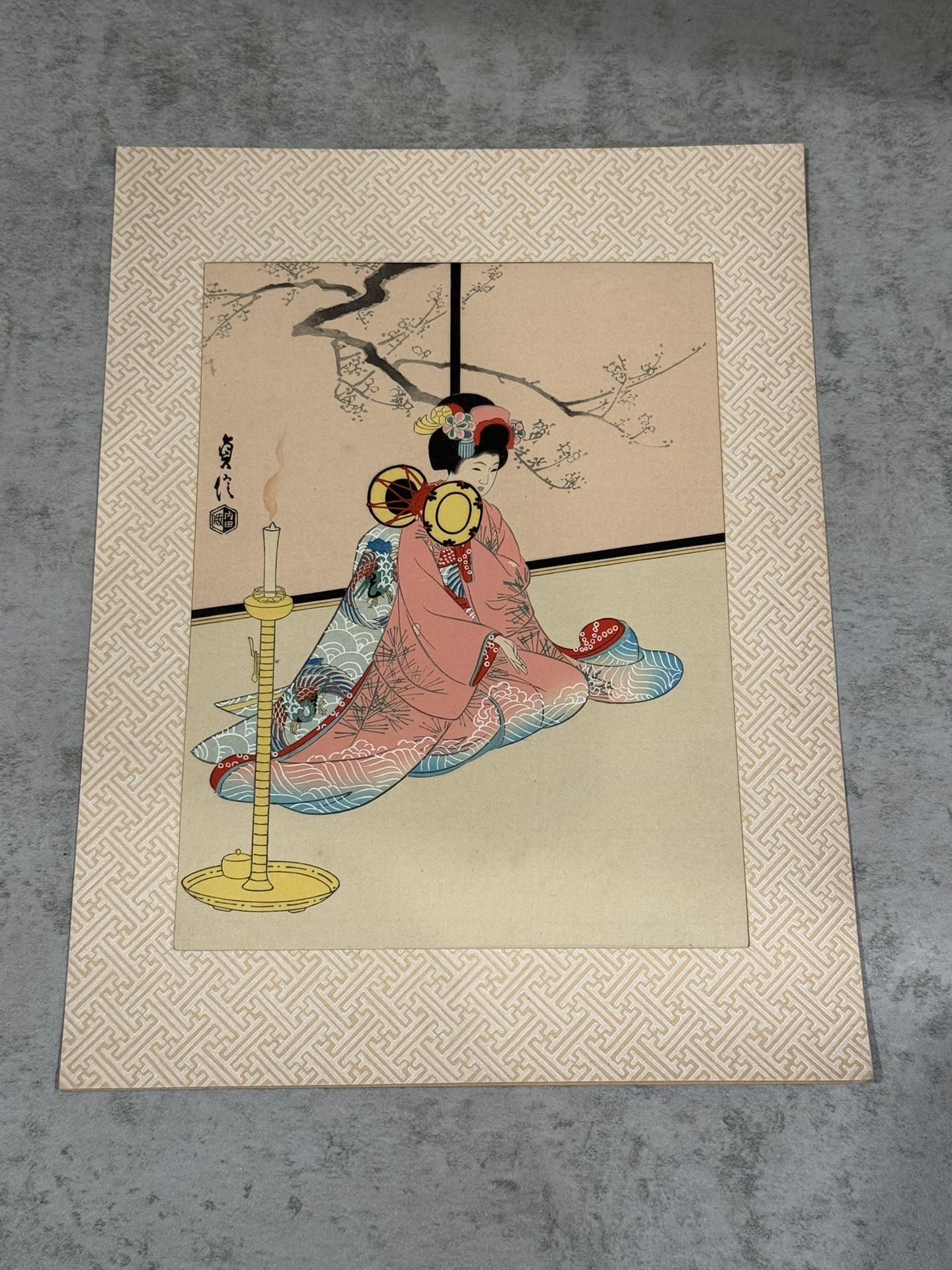 Japanese MCM Woodblock Print by Sadanobu Hasegawa III "Maiko Playing Hand Drum”