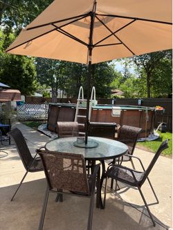Patio Table, Chairs, Umbrella & Outdoor Cooler Lot