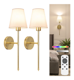 NIORSUN 19.9 inch Battery Operated Wall Sconce Set of 2,Gold Rechargeable Wall Lights with 5200mAh Dimmable Detachable Bulbs and Remote,10 Colors Wire